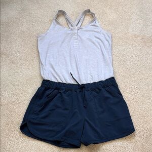 Lululemon Girls Ivivva Light Gray and Navy Serene Heart Jumpsuit Romper Size 12